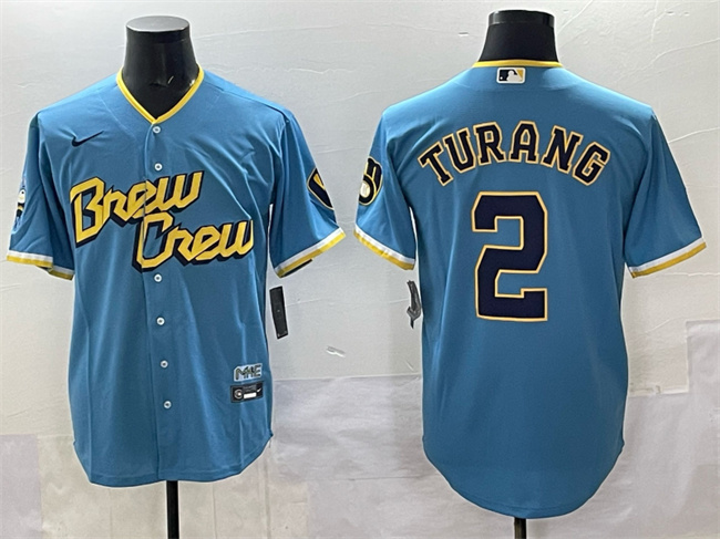 Men's Blue Milwaukee Brewers #2 Brice Turang Powder City Connect Cool Base Stitched Jersey
